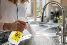Nettoyage d’un évier inox avec du vinaigre blanc en spray pour un entretien écologique et zéro déchet