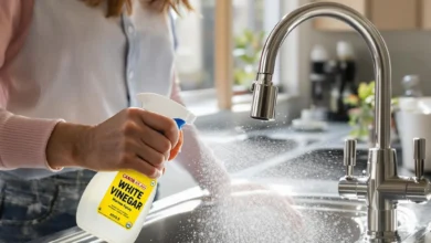 Nettoyage d’un évier inox avec du vinaigre blanc en spray pour un entretien écologique et zéro déchet