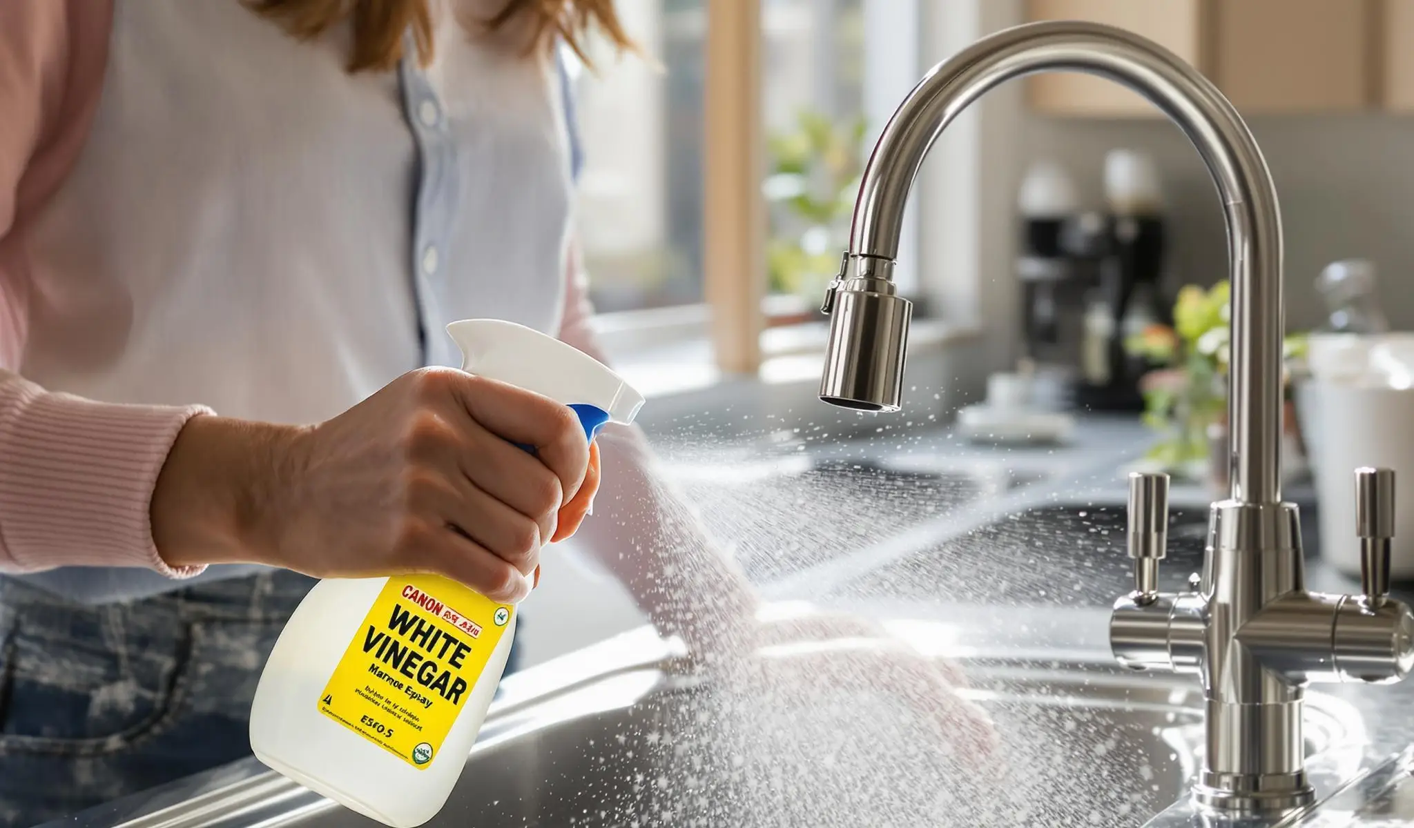 Nettoyage d’un évier inox avec du vinaigre blanc en spray pour un entretien écologique et zéro déchet