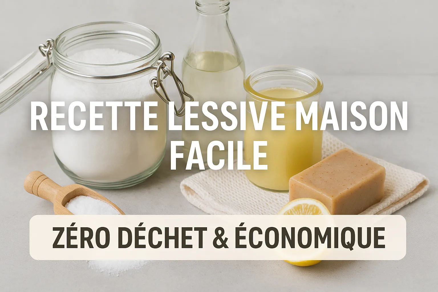 Ingrédients naturels pour lessive maison : savon de Marseille, bicarbonate, vinaigre et pot de lessive liquide sur fond neutre avec texte « Recette Lessive Maison Facile – Zéro Déchet & Économique ».